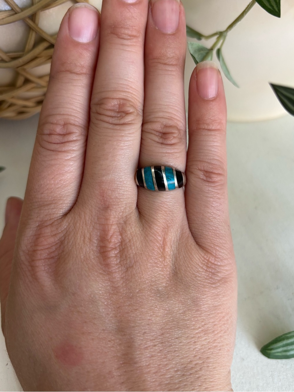 Vintage Mexico Blue Turquoise & Black Sterling Silver Inlay Ring